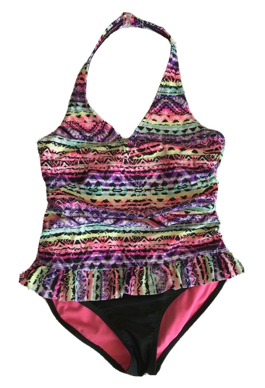 Wonder Nation Girls Swimsuit 10-12 One Piece Ruffle Aztec Geometric Black Lye